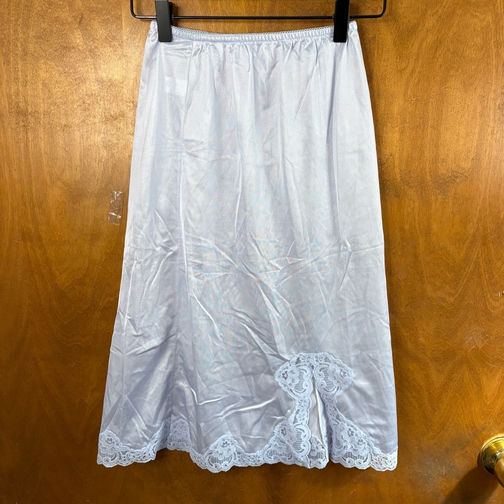 Vintage Pastel Blue 100% Nylon Slip Skirt Lace Trim 70s 80s Coquette Preppy Y2K